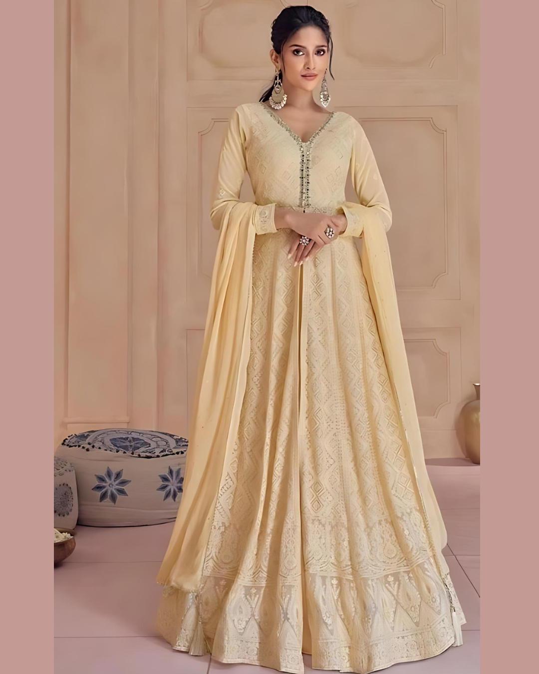 Beige chikankari anarkali gown dress