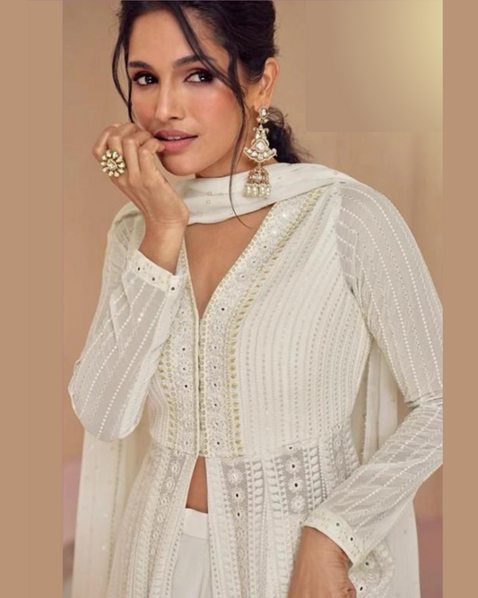 White chikankari anarkali gown dress