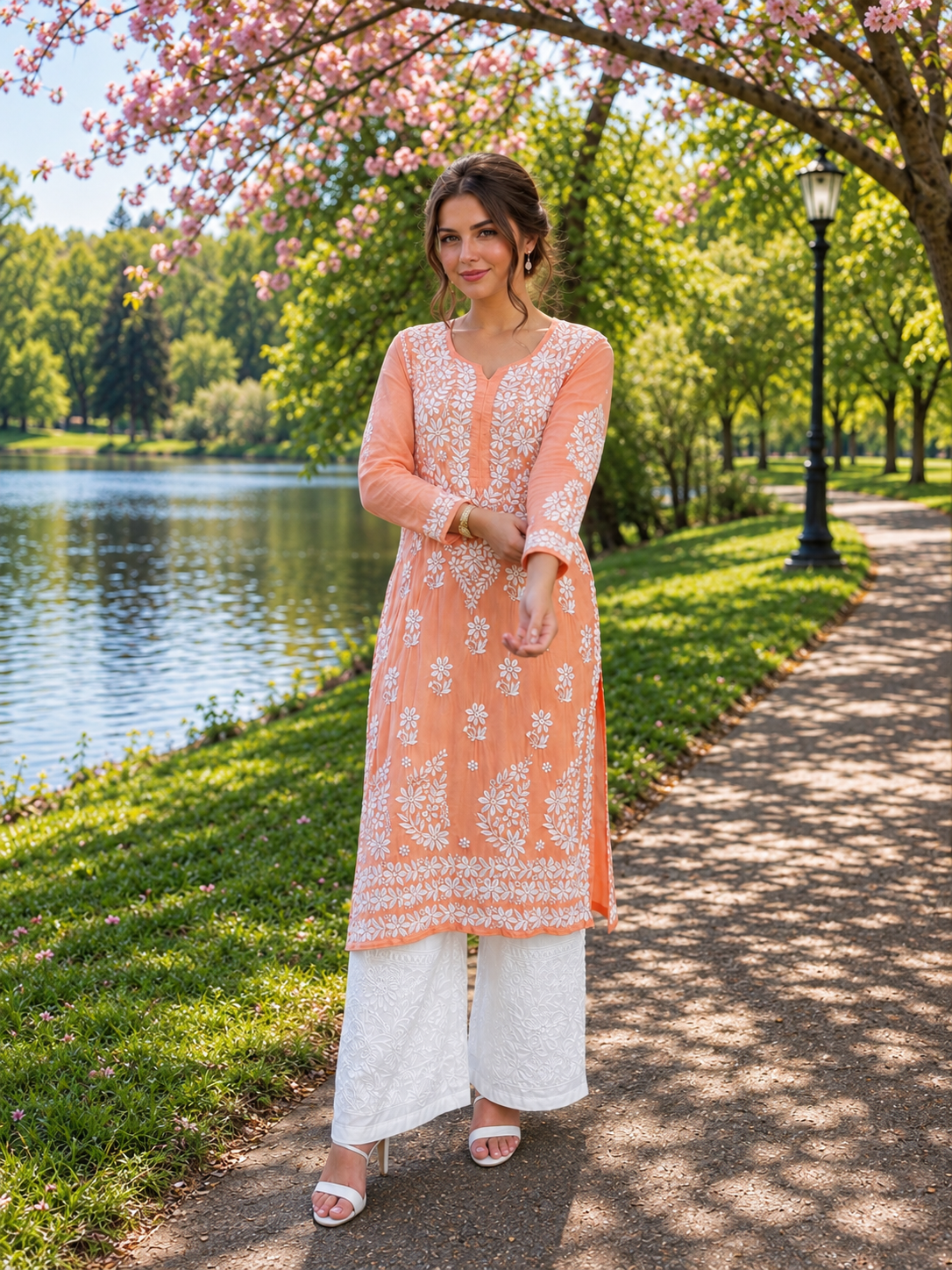 Adaa Chikankari Modal kurta/top Peach