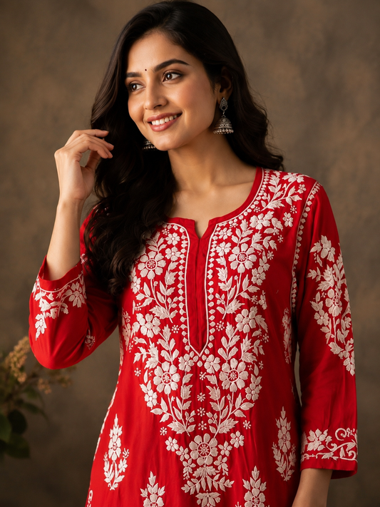 Adaa_red_chikankari_modal_kurti1