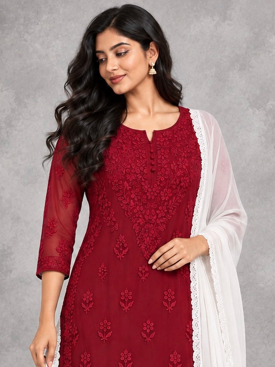 Aura chikankari maroon kurti