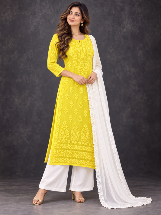 Aura chikankari georgette yellow kurti