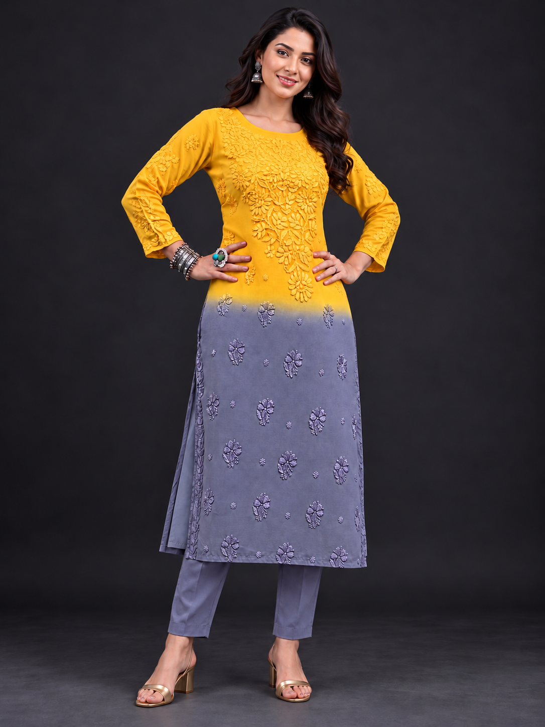 Aura ombre yellow chikankari georgette kurti