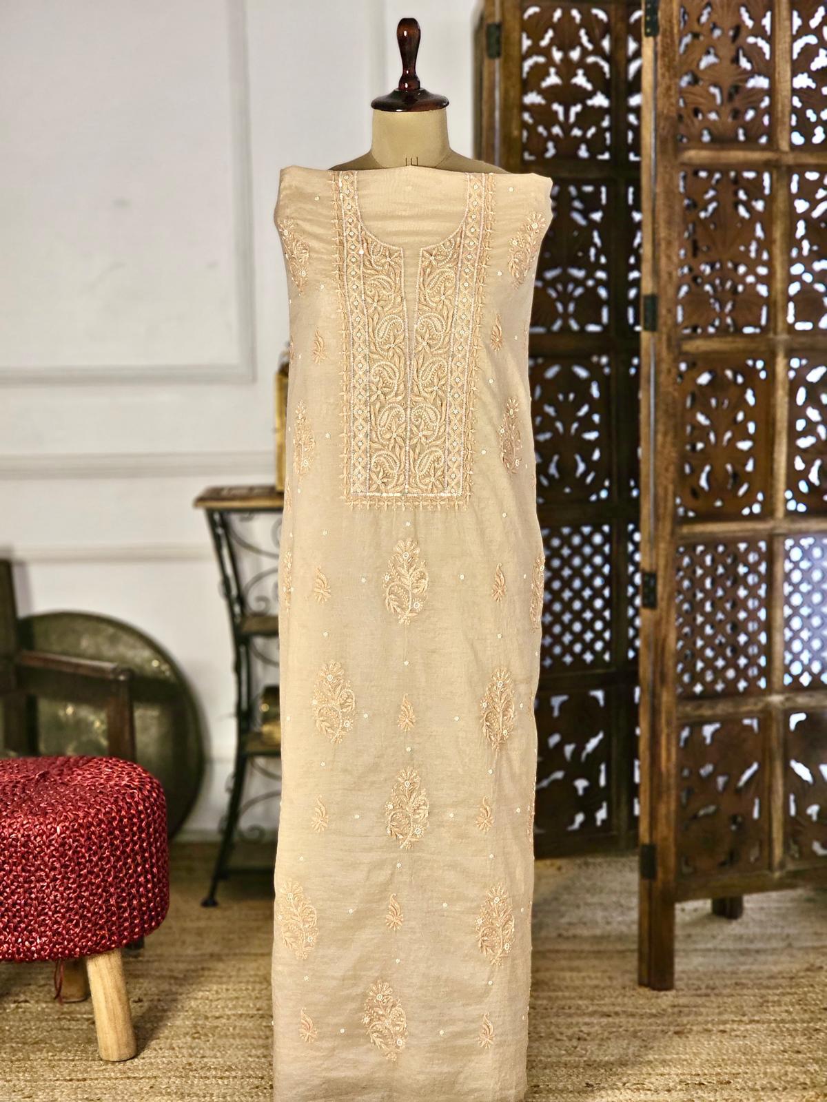 Beige Authentic Chikankari Un-stitched Kurta Piece With Dupatta