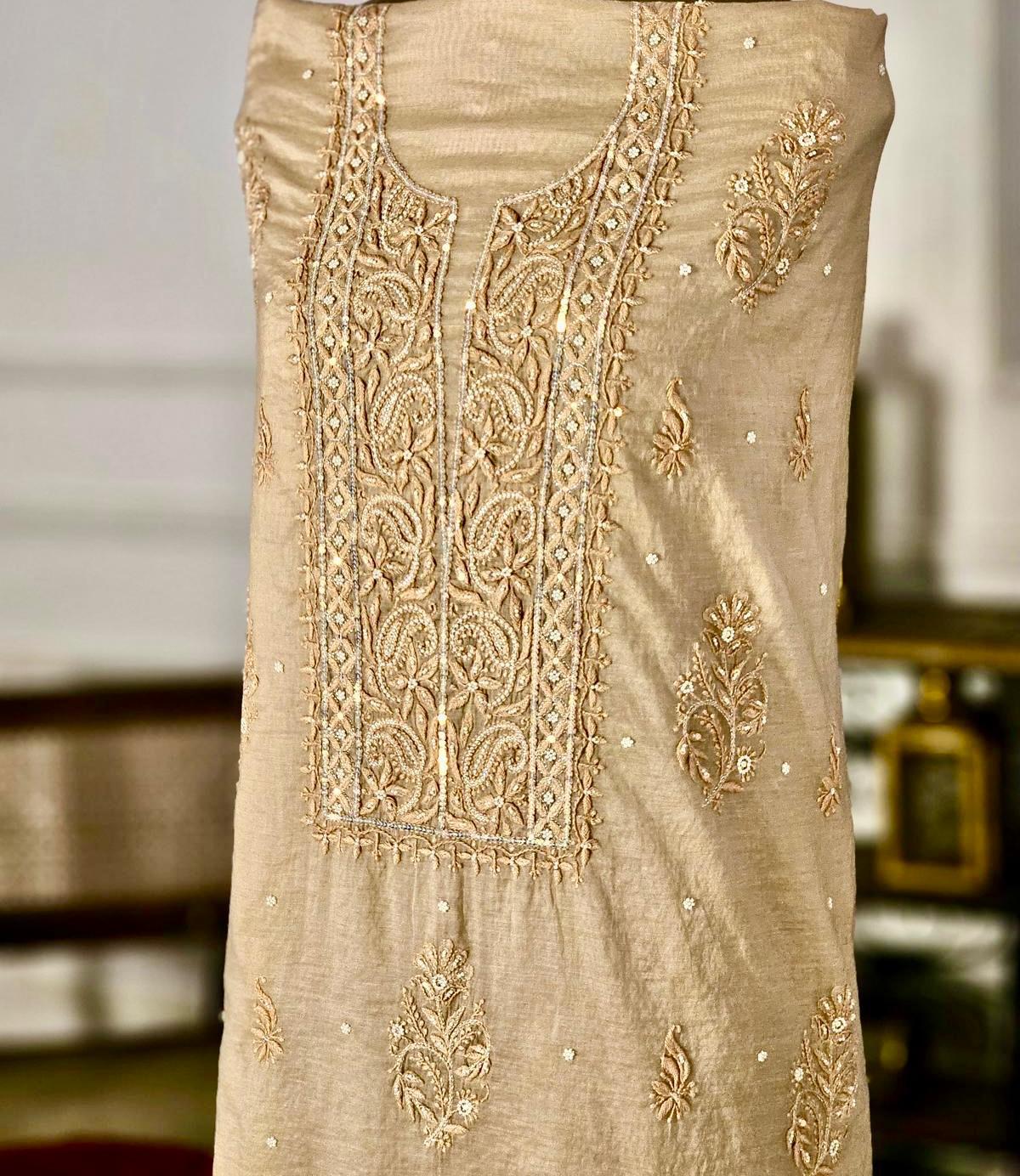 Beige Authentic Chikankari Un-stitched Kurta Piece With Dupatta