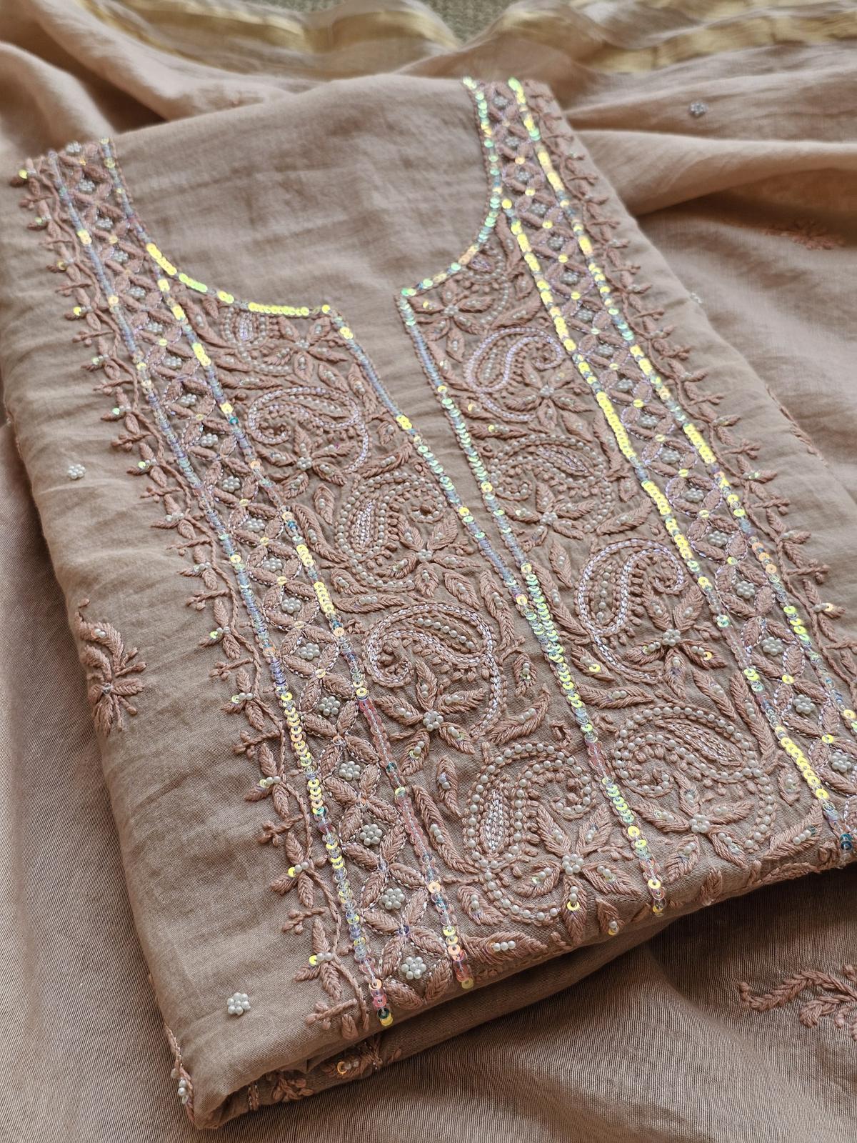 Beige Authentic Chikankari Un-stitched Kurta Piece With Dupatta