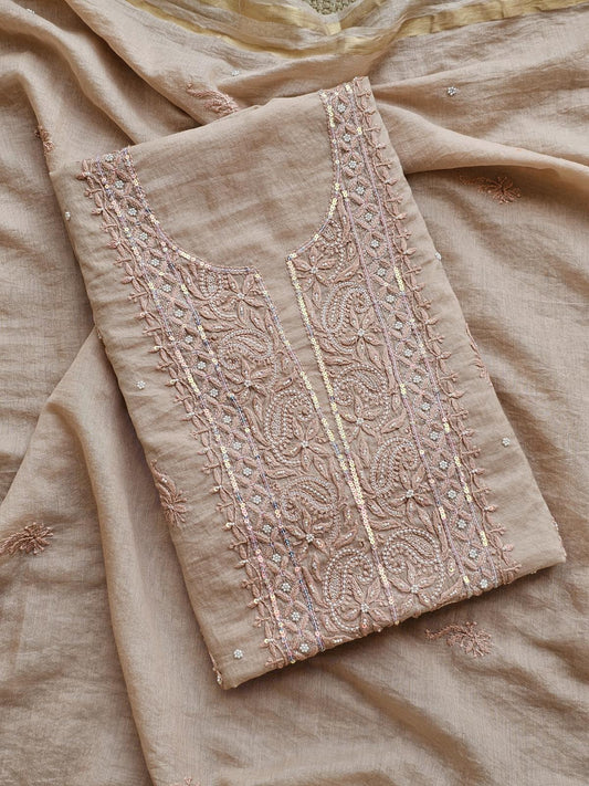 Beige Authentic Chikankari Un-stitched Kurta Piece With Dupatta