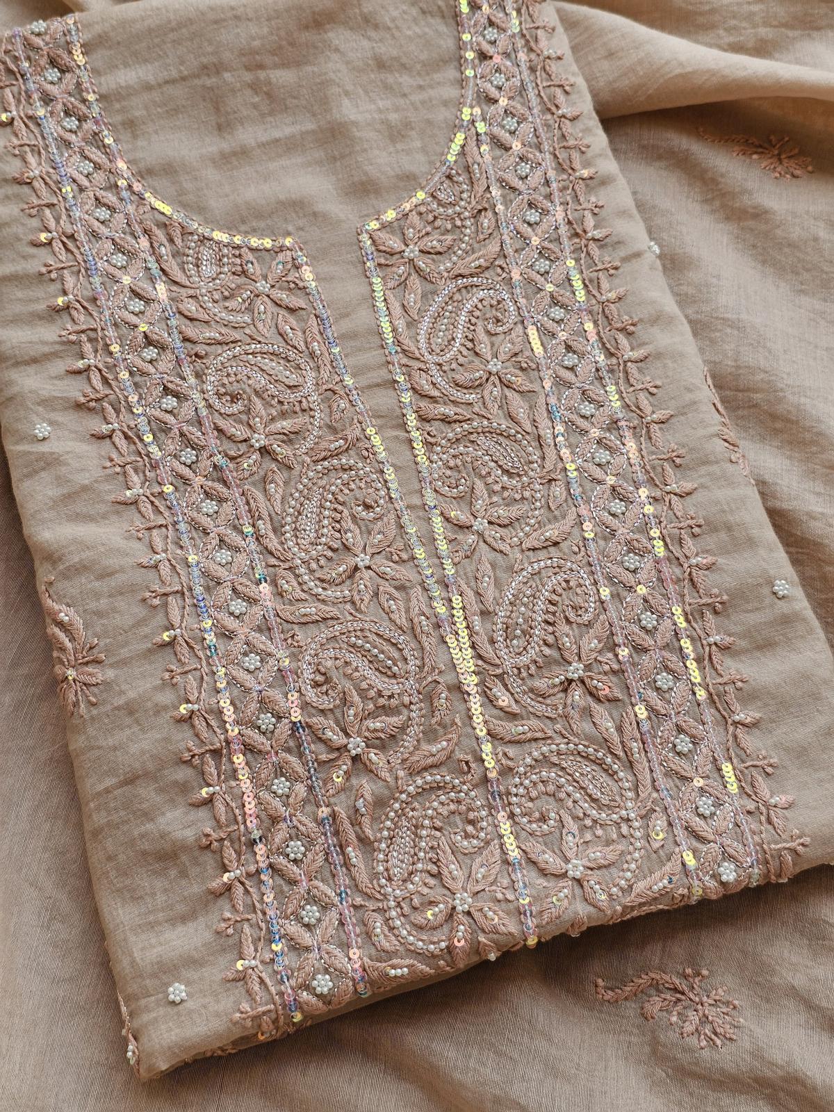 Beige Authentic Chikankari Un-stitched Kurta Piece With Dupatta