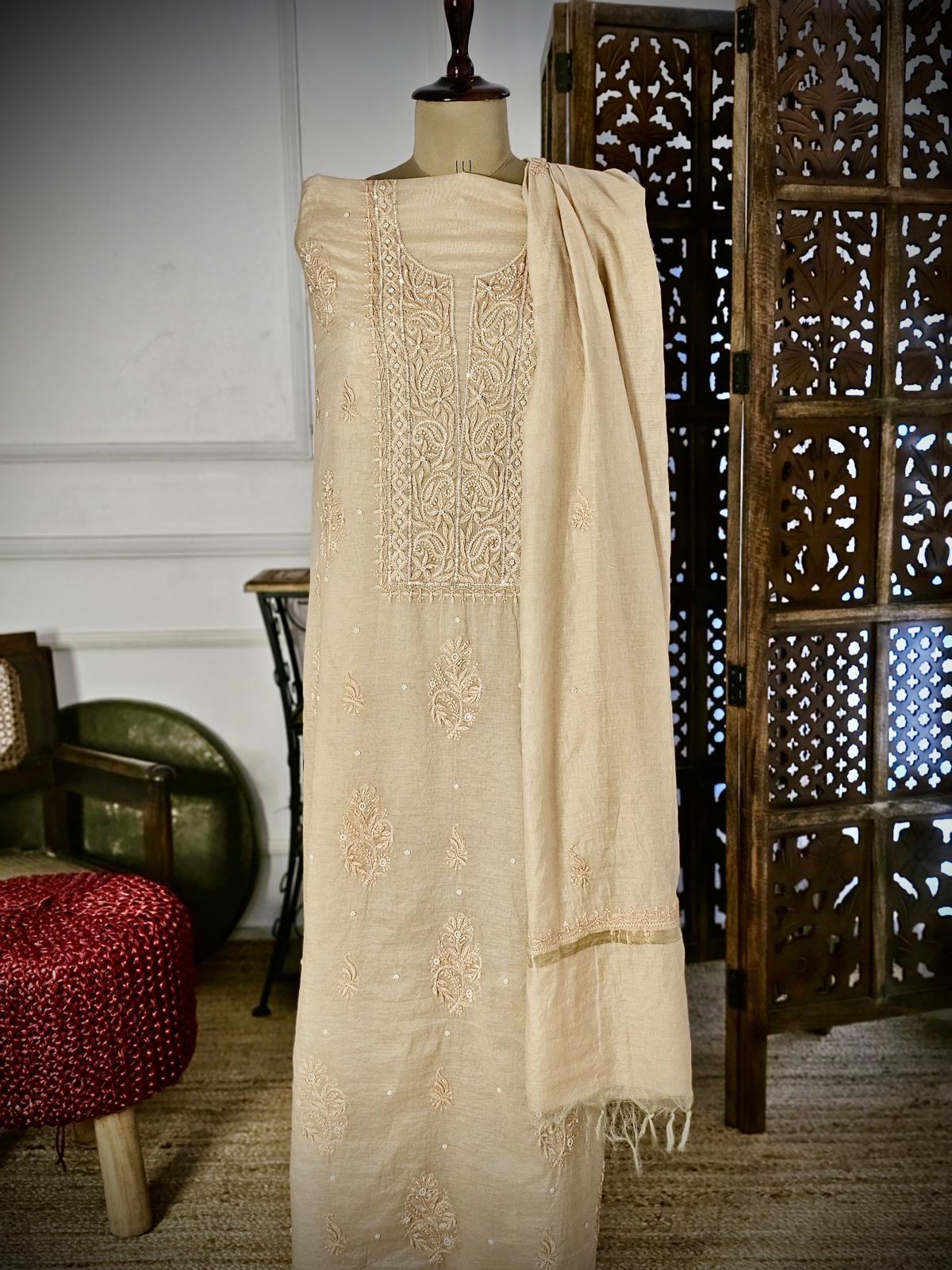 Beige Authentic Chikankari Un-stitched Kurta Piece With Dupatta