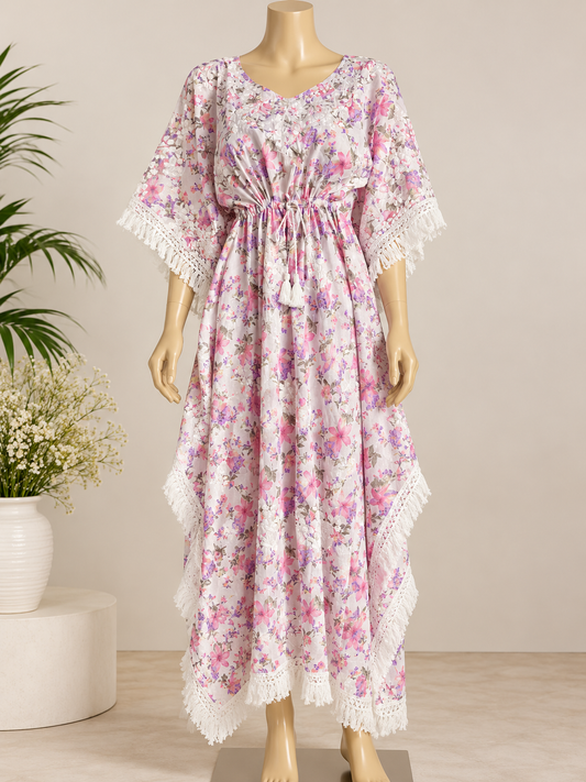 Breeze Masnavi pastel pink chikankari cotton kaftan