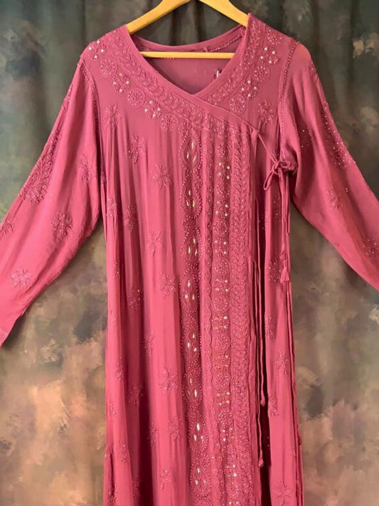 Chikankari Hand Embroidered Angrakha Style Kurta Set Bubblegum Pink