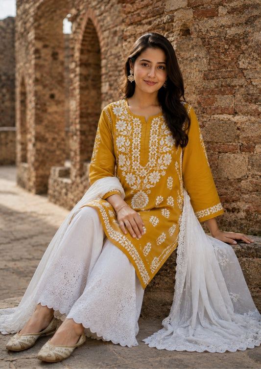 Chikankari Modal kurti mustard yellow
