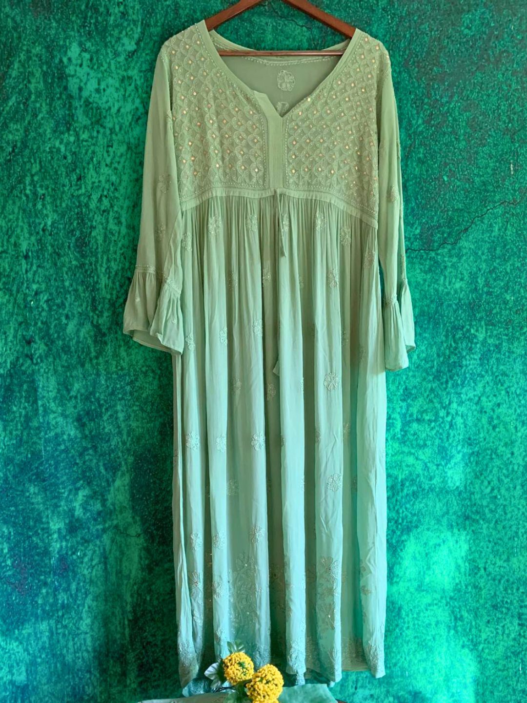 Sage Green Hand Embroidered Chikankari Anarkali Kurta Set