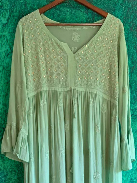 Sage Green Hand Embroidered Chikankari Anarkali Kurta Set