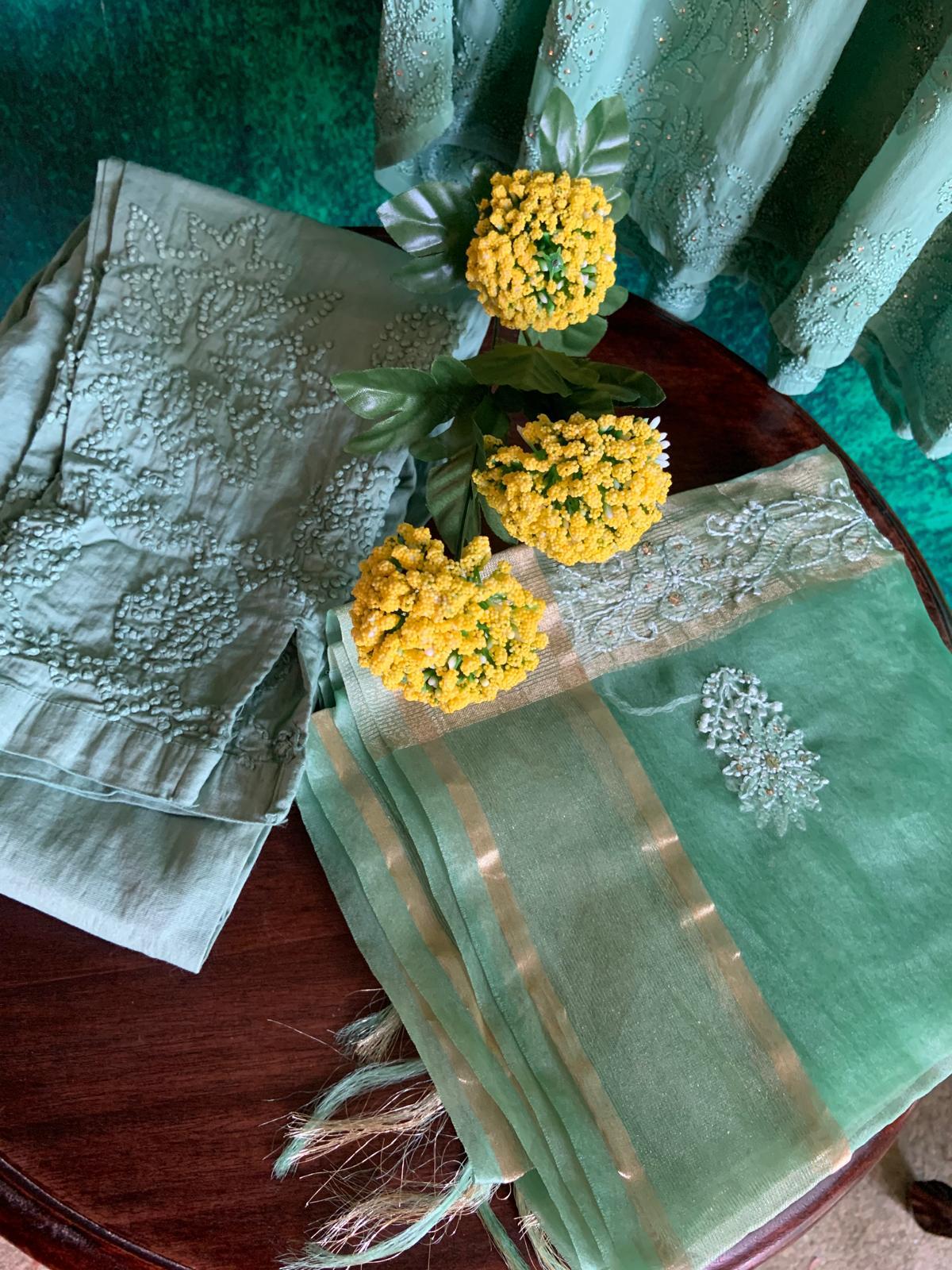 Sage Green Hand Embroidered Chikankari Anarkali Kurta Set
