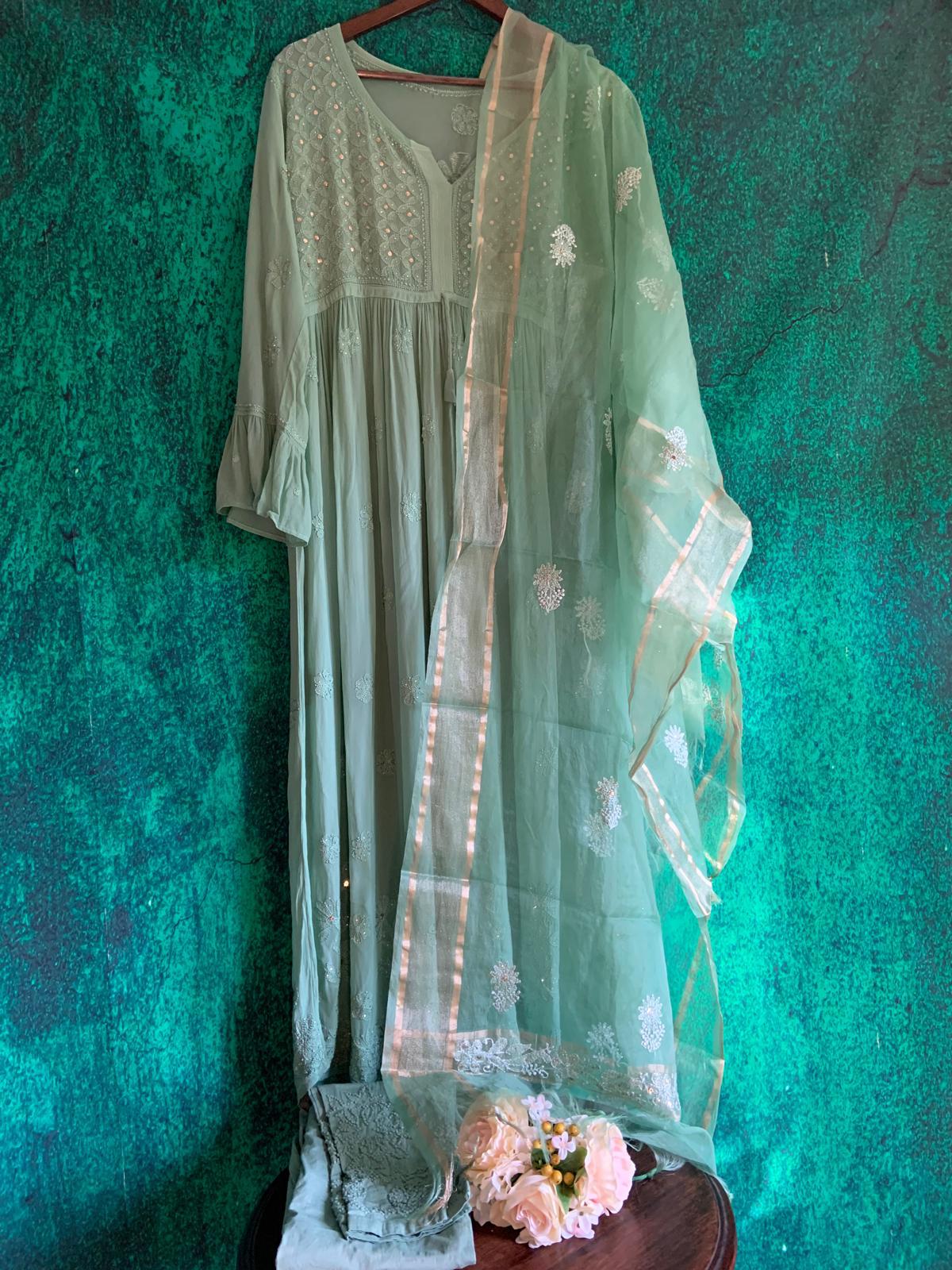 Sage Green Hand Embroidered Chikankari Anarkali Kurta Set