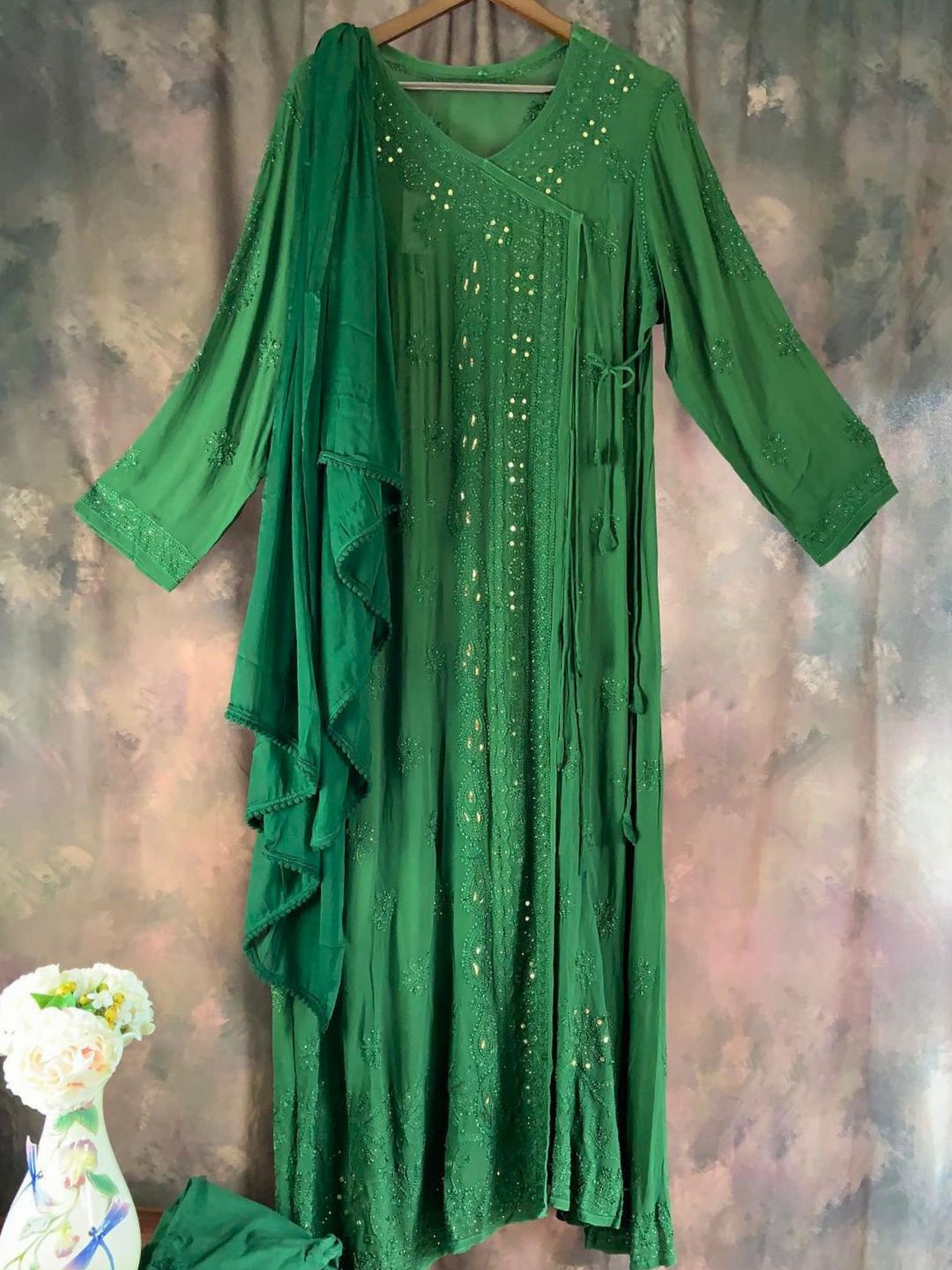 Green Hand Embroidered Chikankari Angrakha Style Kurta Set