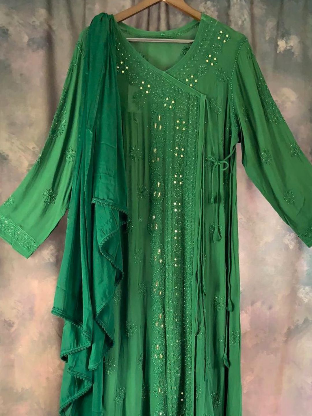 Green Hand Embroidered Chikankari Angrakha Style Kurta Set