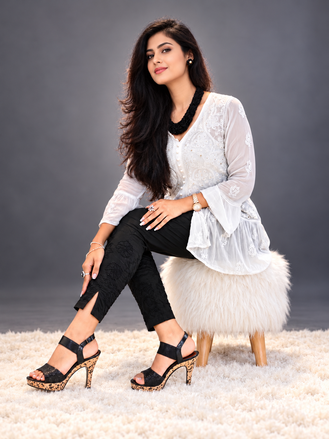 Hebe black chikankari cotton pants