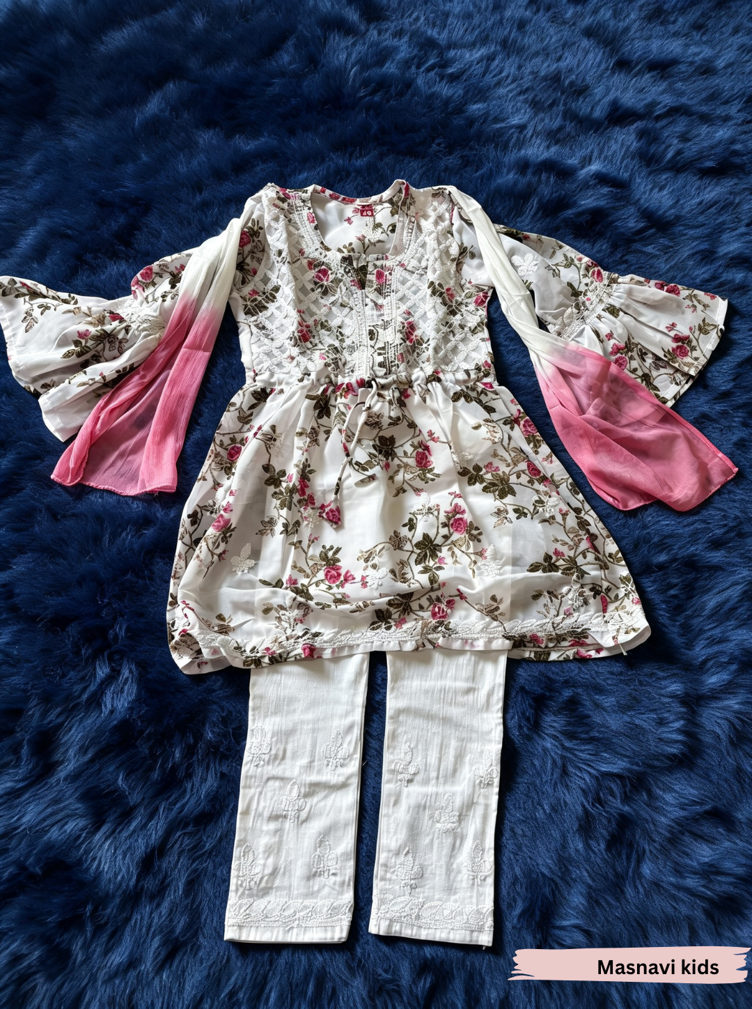 Hom Pari chikankari white floral georgette peplum dress