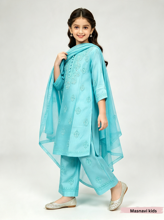 Hom girl chikankari festive teal blue kurti set
