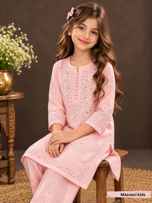 Hom little Cinderella blush pink chikankari chanderi set