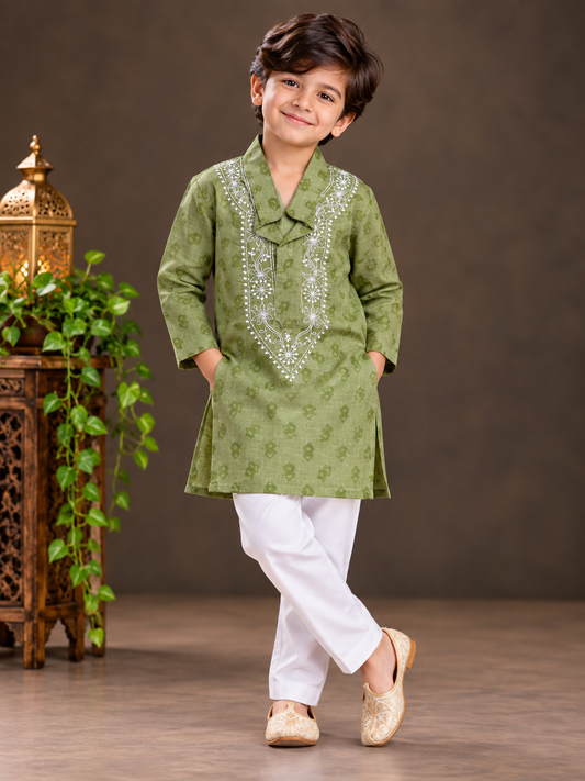 Hom wow olive green chikankari boy kura