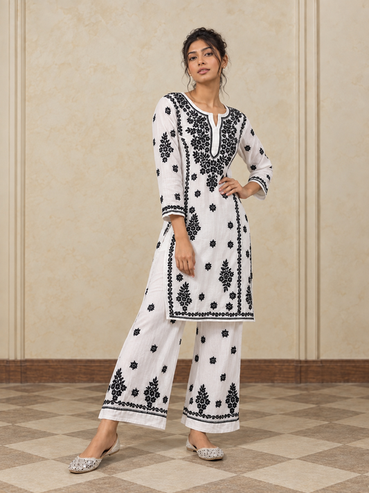 Hom pure chanderi silk white chikankari kurti sets