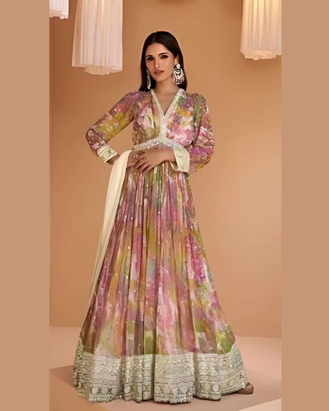 Floral pink long gown frock