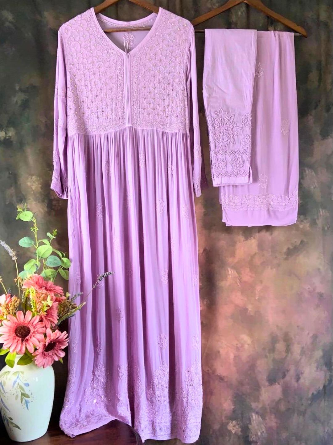 Lilac Hand Embroidered Chikankari Anarkali Kurta Set