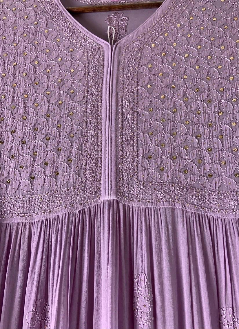 Lilac Hand Embroidered Chikankari Anarkali Kurta Set