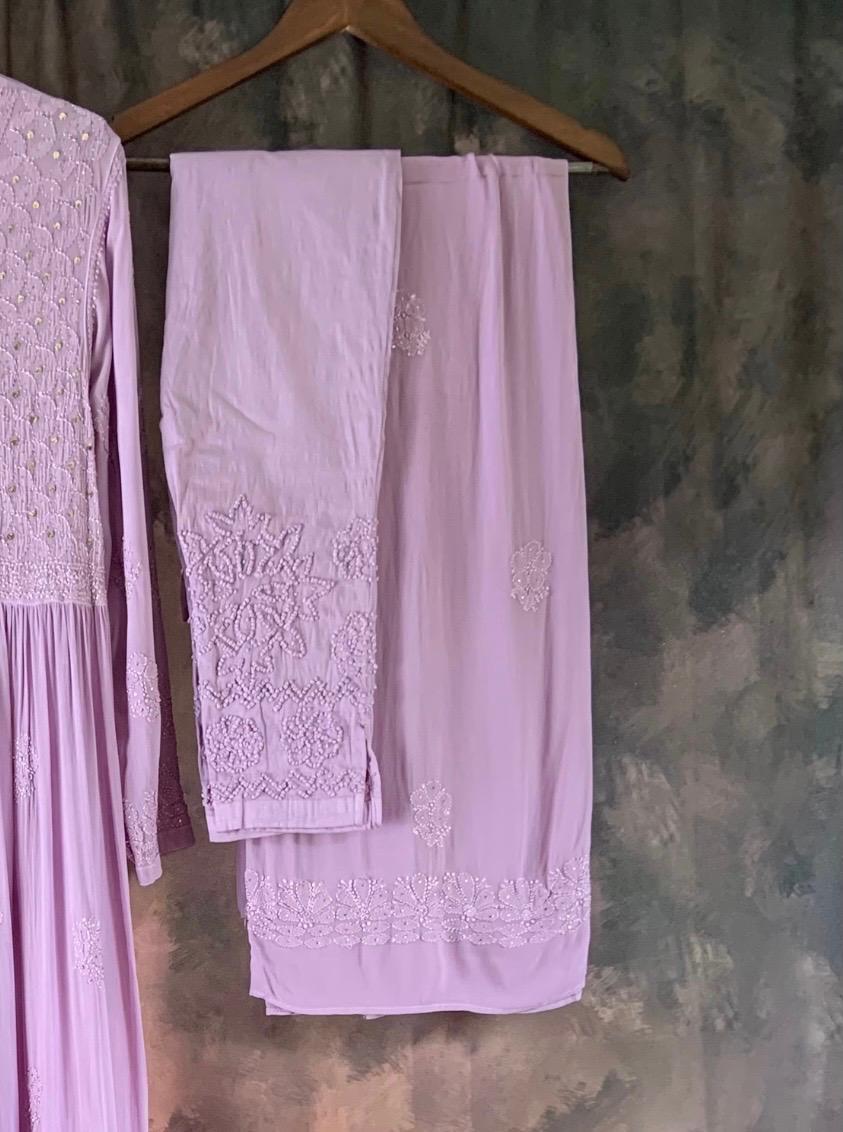 Lilac Hand Embroidered Chikankari Anarkali Kurta Set