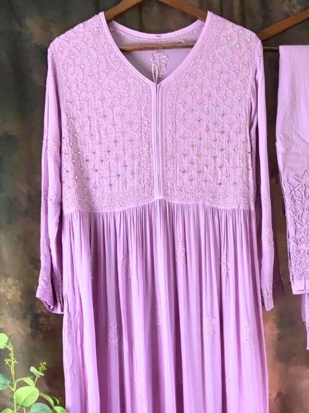 Lilac Hand Embroidered Chikankari Anarkali Kurta Set