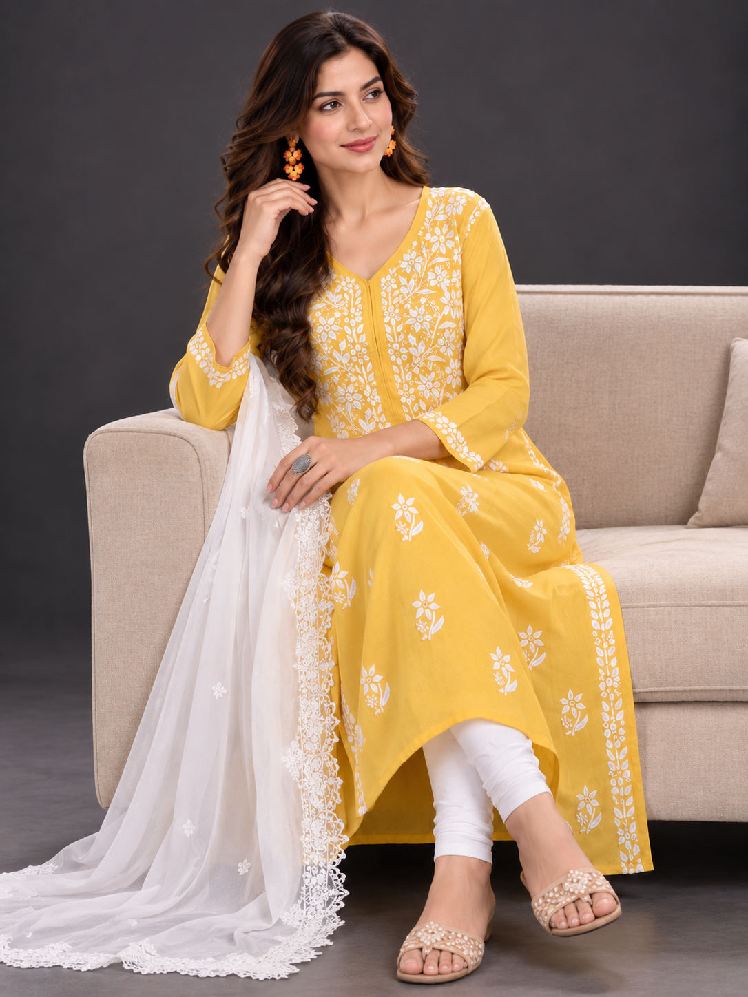 Lilah corn yellow rayon chikankari kurti