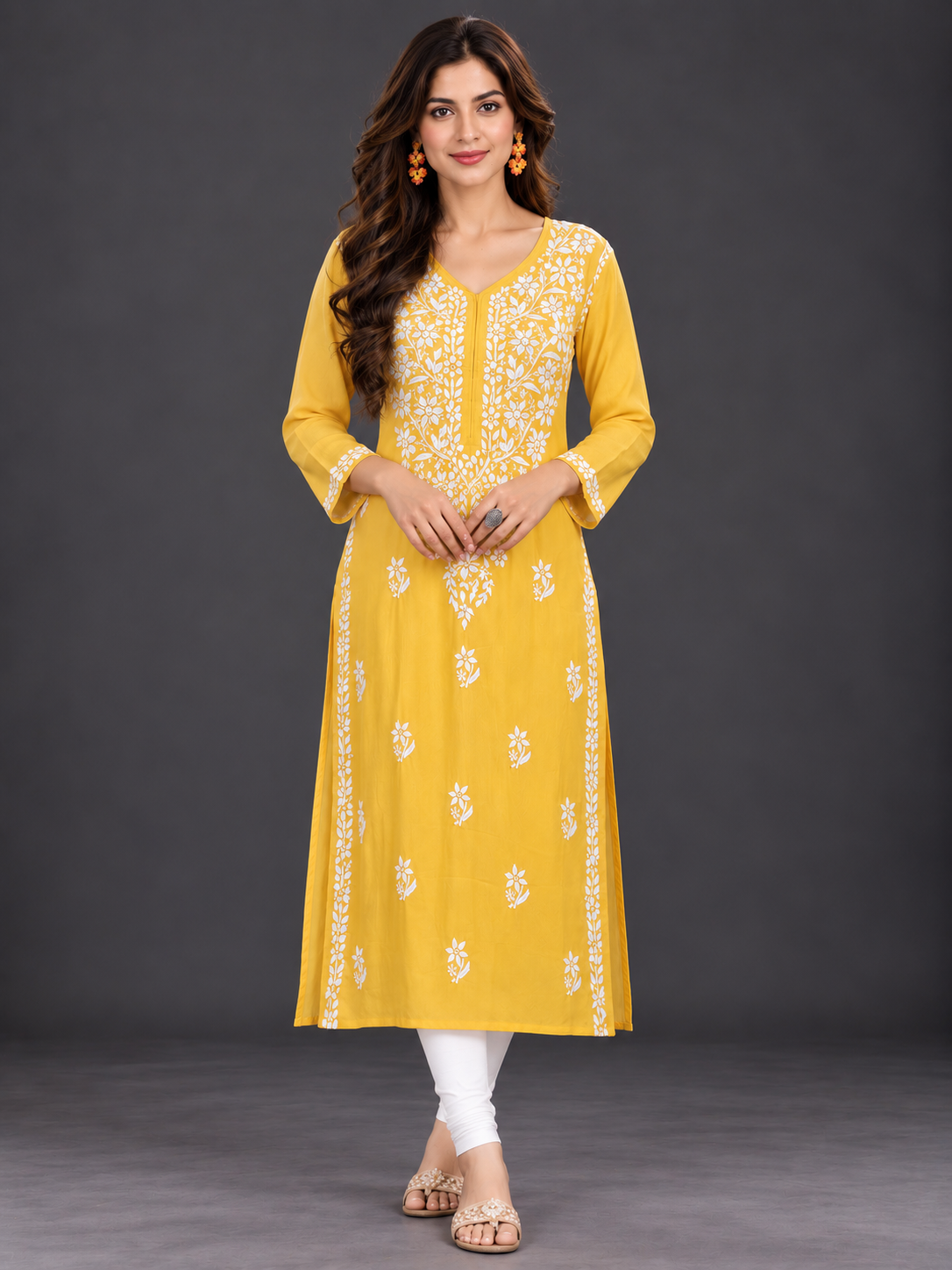 Lilah corn yellow rayon chikankari kurti top