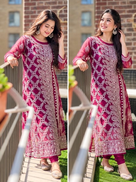Maheroo chikankari georgette angrakha maroon kurti set