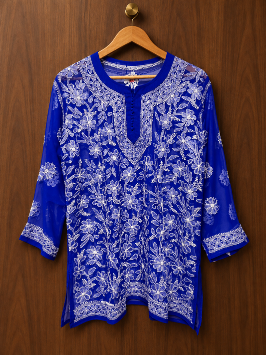 Masnavi Forever short georgette ink blue chikankari kurti