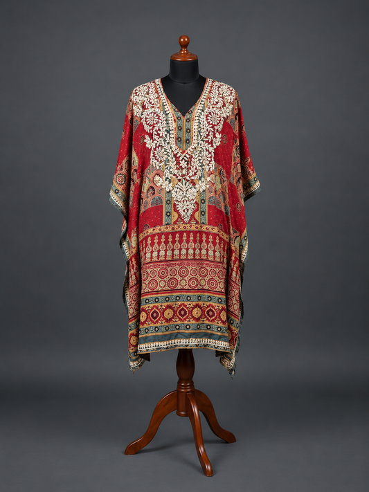 Masnavi silk-D chikankari Kaftan - Crimson Heritage Print