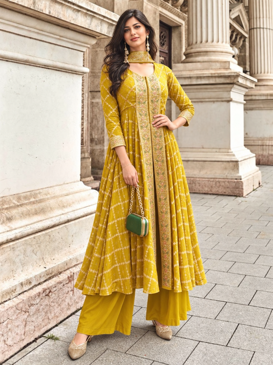 Mustard Yellow Viscose Jacquard Silk Dress