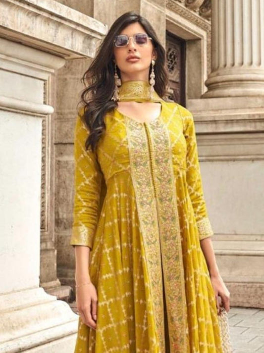 Mustard Yellow Viscose Jacquard Silk Dress Set with Hand Embellished Work