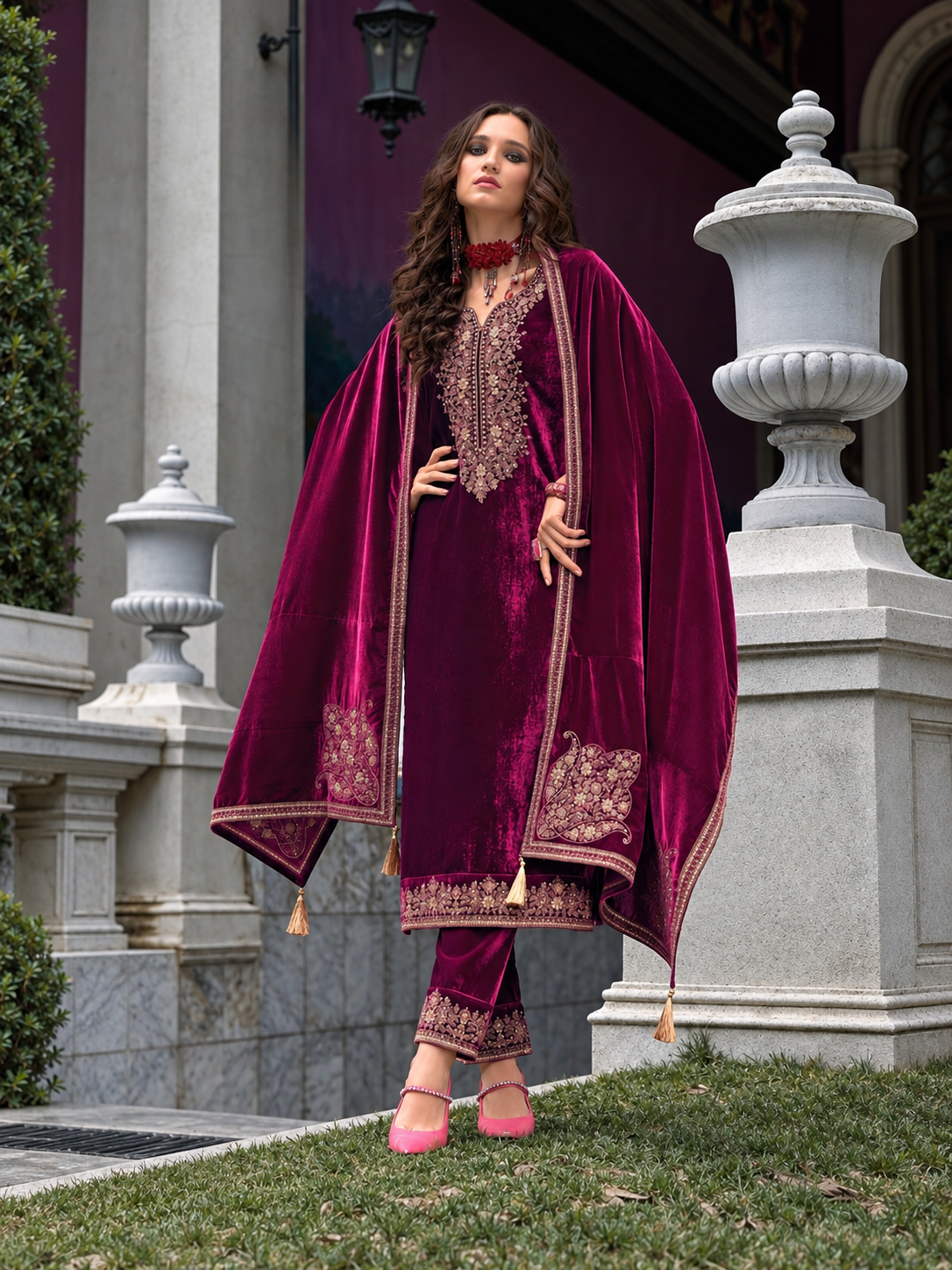 Nazakat makhmali Velvet Suit-Fuchia