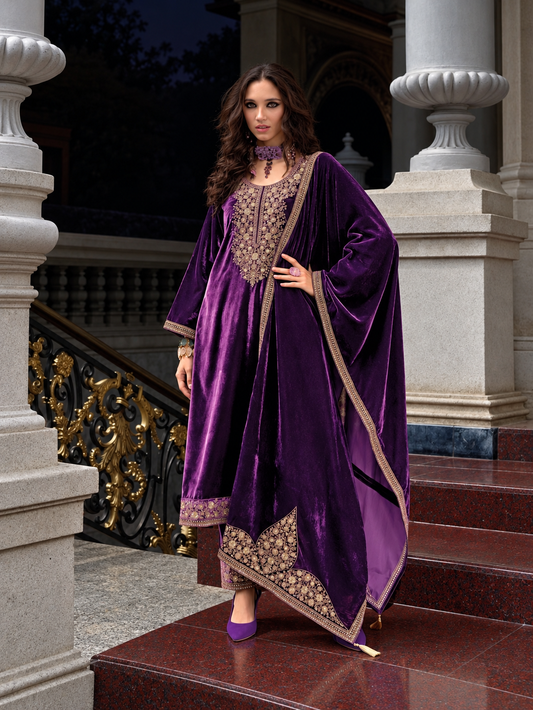 Nazakat makhmali Velvet Suit-Violet