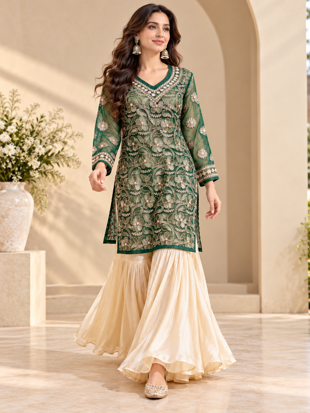 Noor-e-qamar chikankari chiffon kurti-Emerald green