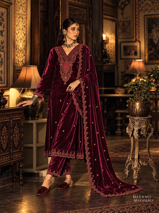Noorjahan Makhmali Velvet Suit-Mulberry