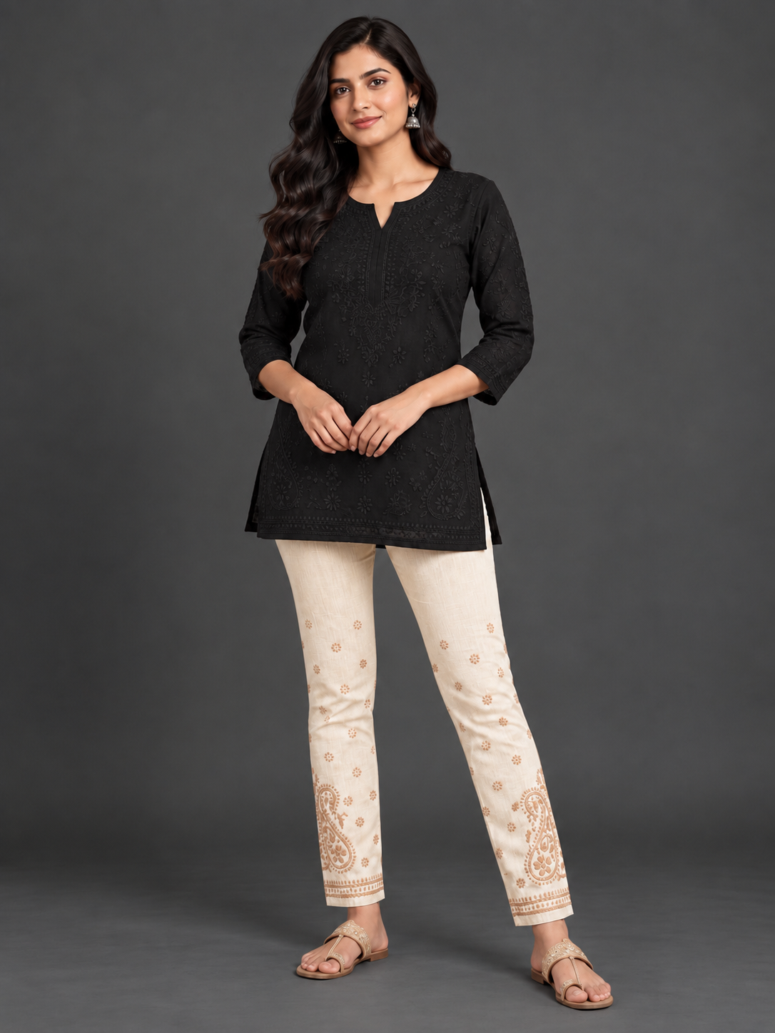 Nyka Chikankari Cotton pants latte on ochre
