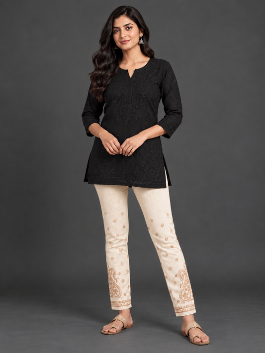 Nyka Chikankari Cotton pants latte on ochre