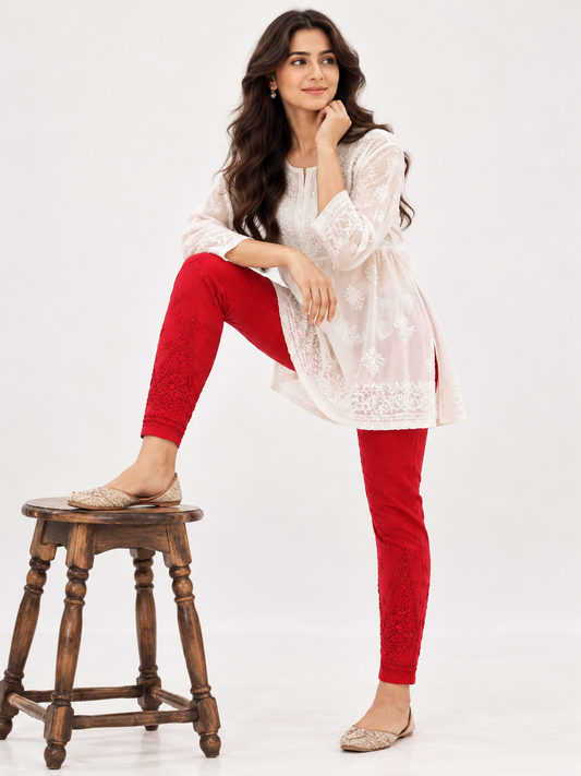 Nyka chikankari cotton pant red thread embroidery on red mulcotton fabric