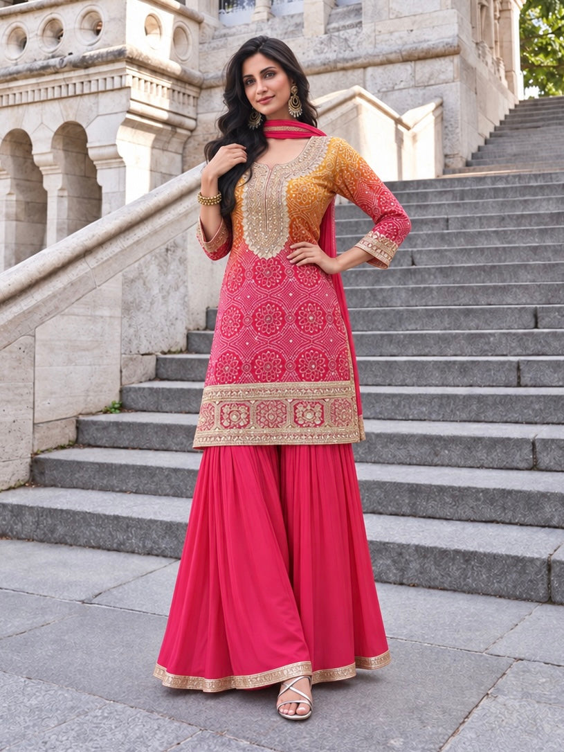 Ombre Pink bandej Silk Salwar Kameez set.