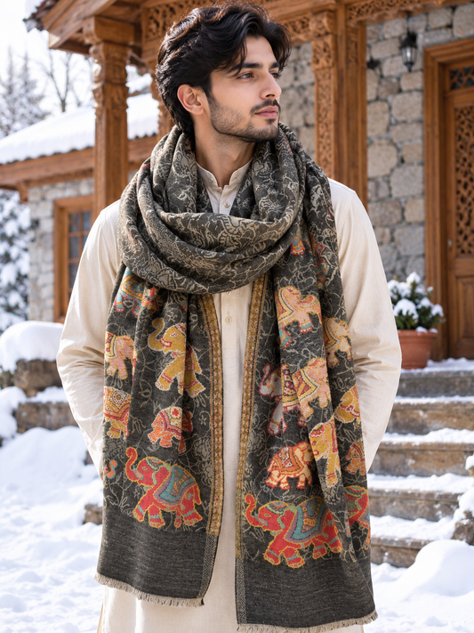 Pashmina Elephant design grey cashmere scarf