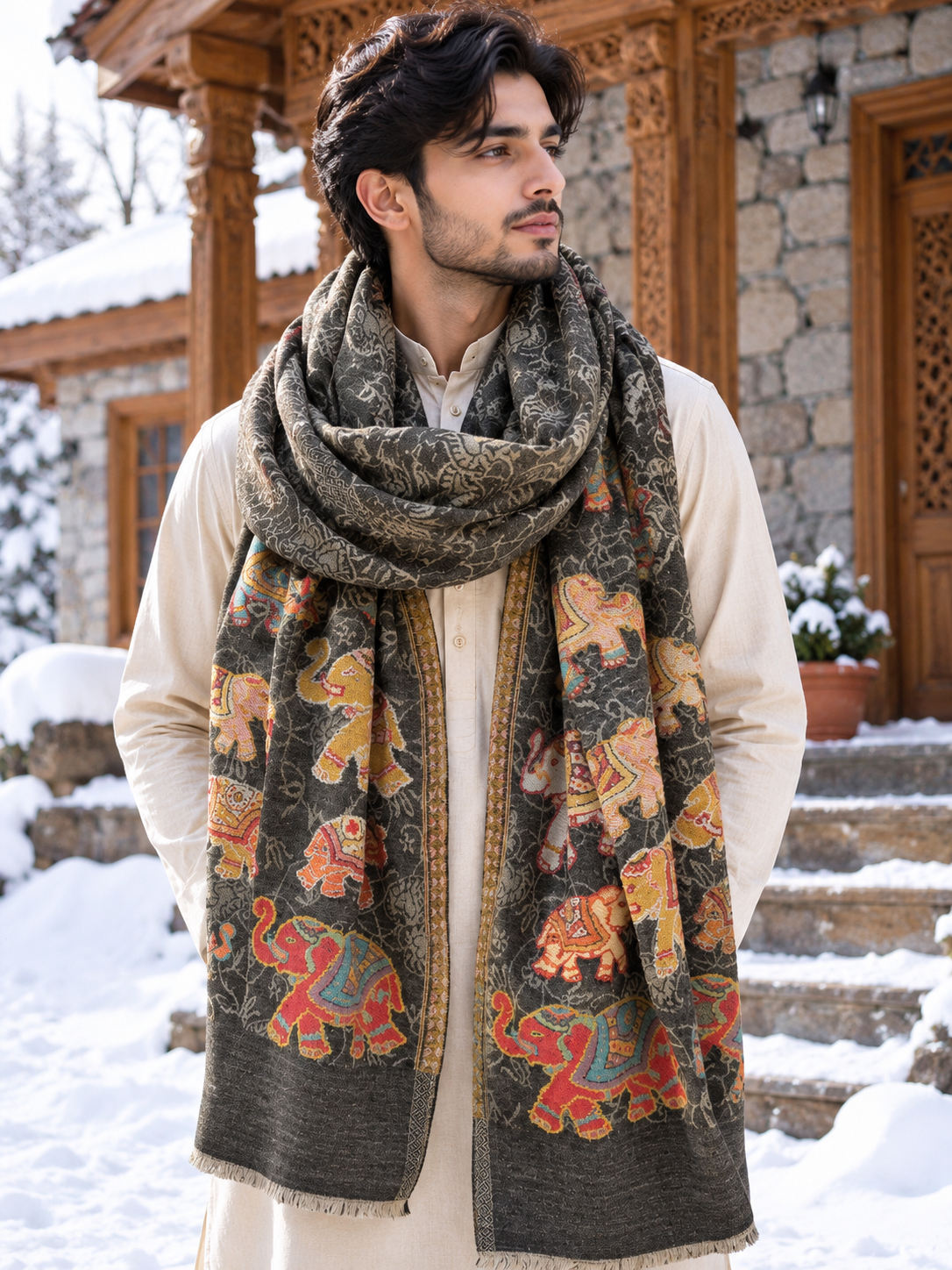 Pashmina Elephant design grey cashmere scarf